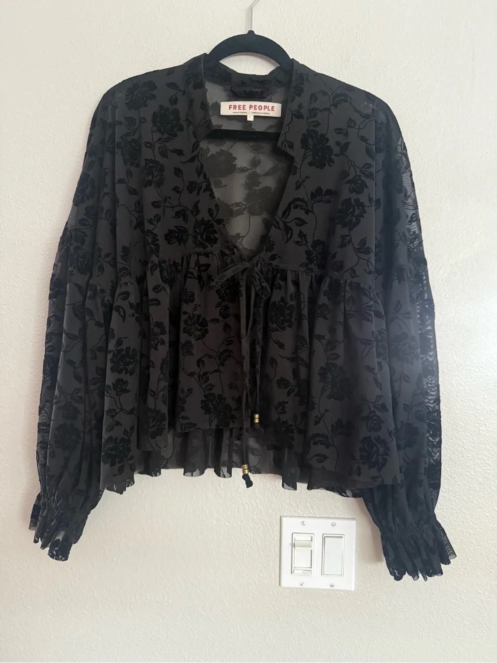 Free People Wednesday Bed Jacket Sheer Floral Velvet Tie-Front Blouse - Black